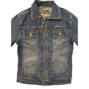Vintage Denim Jacket Women's Medium Embroidered Distressed Y2K Boho Retro